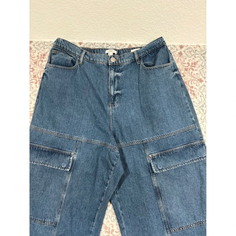 Forever 21+ Premium Blue Cargo Jeans Wide Leg High Rise Plus Size 18 Elastic Bac